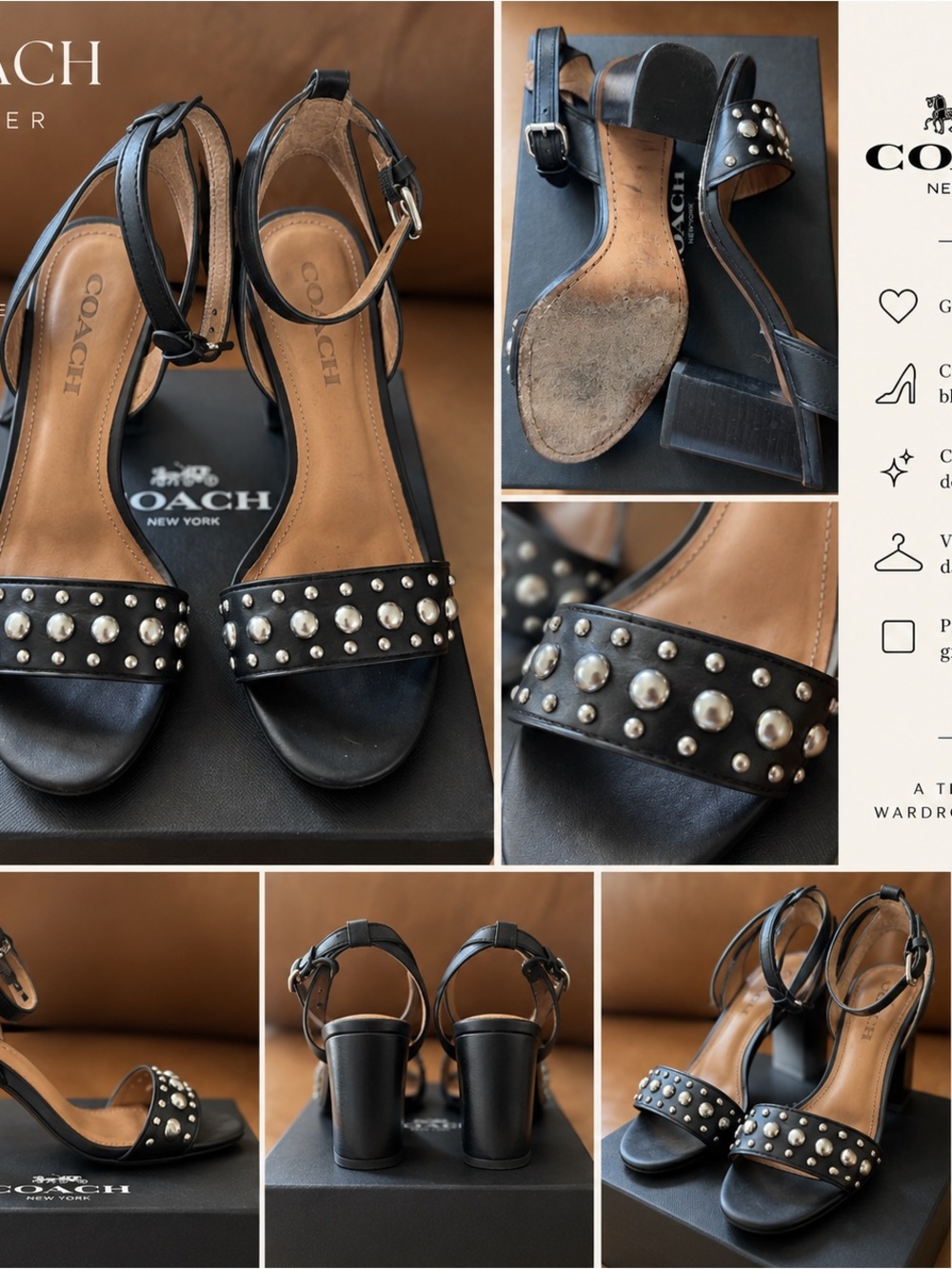 COACH Black Leather Studded Block Heel Sandals